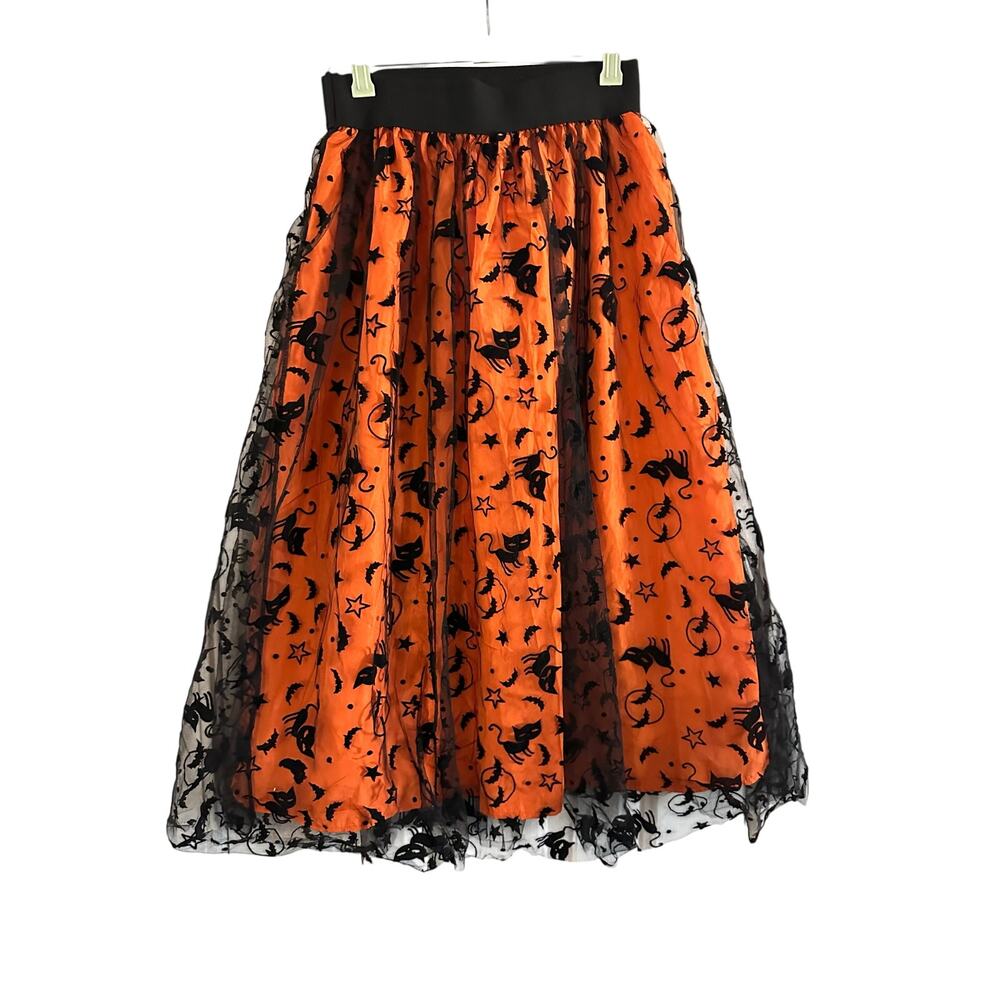Whimsigoth Halloween Orange Black Tulle Flocked Skirt Cats Bats Fairy L/XL